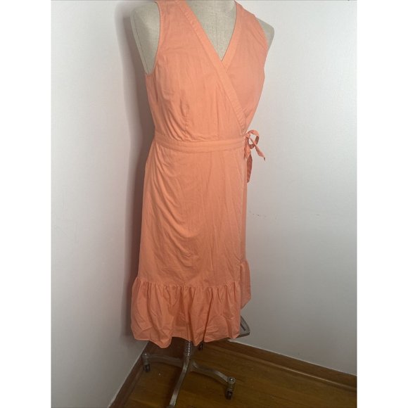 Talbots Cotton Wrap Dress Sz 10 Sleeveless Ruffle Tie Midi Coral Pink - Picture 5 of 11
